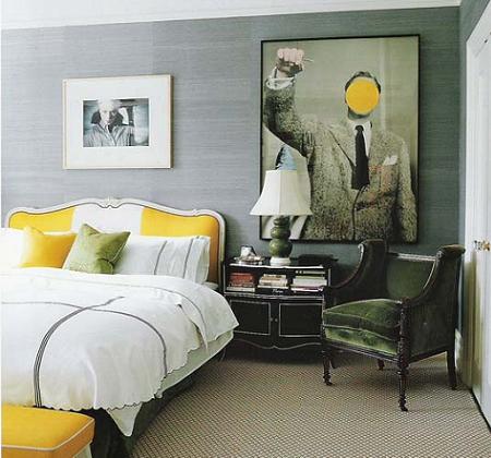 Dormitorio gris y amarillo